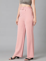 KOTTY BIZwear Women Pink Relaxed Straight Leg Straight Fit High-Rise Easy Wash Pleated Trousers