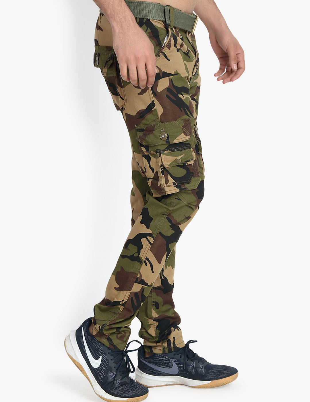 Kotty Men Olive Green & Brown Regular Fit Printed Cargos