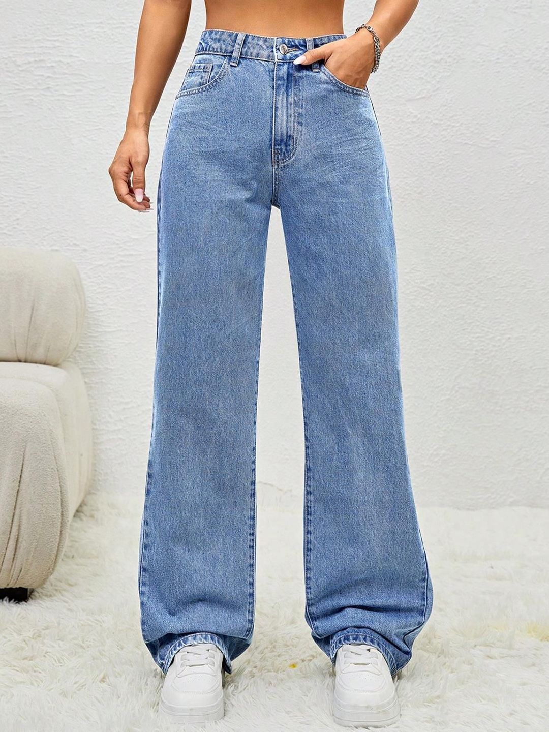 Kotty Women Wide Leg High-Rise Clean Look Crinkle Stretchable Jeans