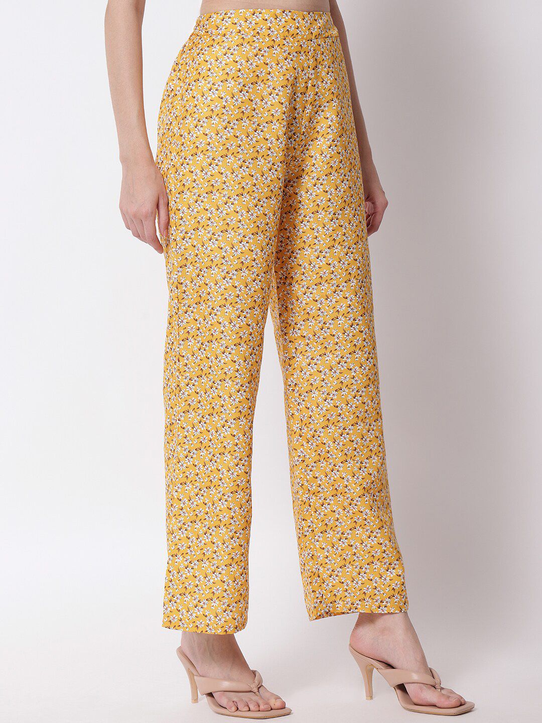 Kotty Women Mustard Yellow Floral Printed Relaxed High-Rise Easy Wash Trousers