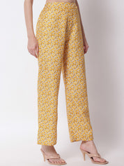 Kotty Women Mustard Yellow Floral Printed Relaxed High-Rise Easy Wash Trousers