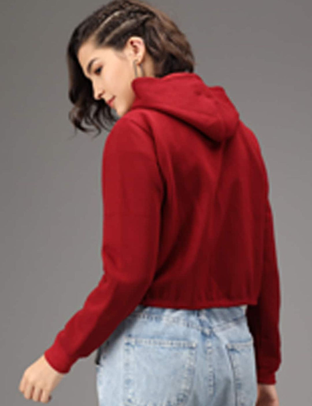 Kotty Women Maroon Solid Fleece Hooded Front-Open Crop Sweatshirt