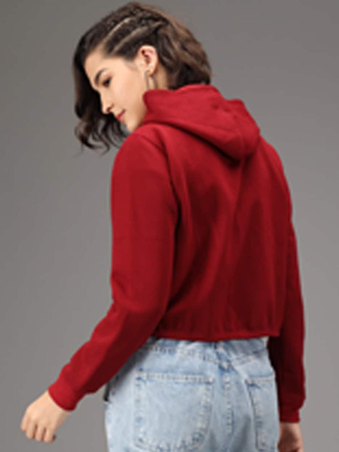 Kotty Women Maroon Solid Fleece Hooded Front-Open Crop Sweatshirt