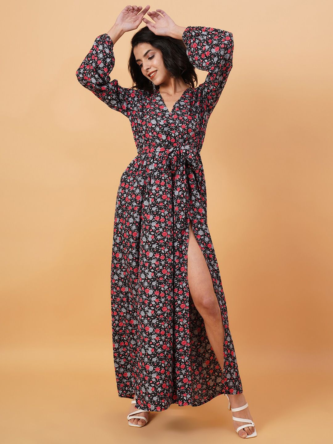 Kotty Black & Red Floral Printed V Neck Puff Sleeves Crepe A Line Maxi Dress