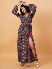 Kotty Black & Red Floral Printed V Neck Puff Sleeves Crepe A Line Maxi Dress