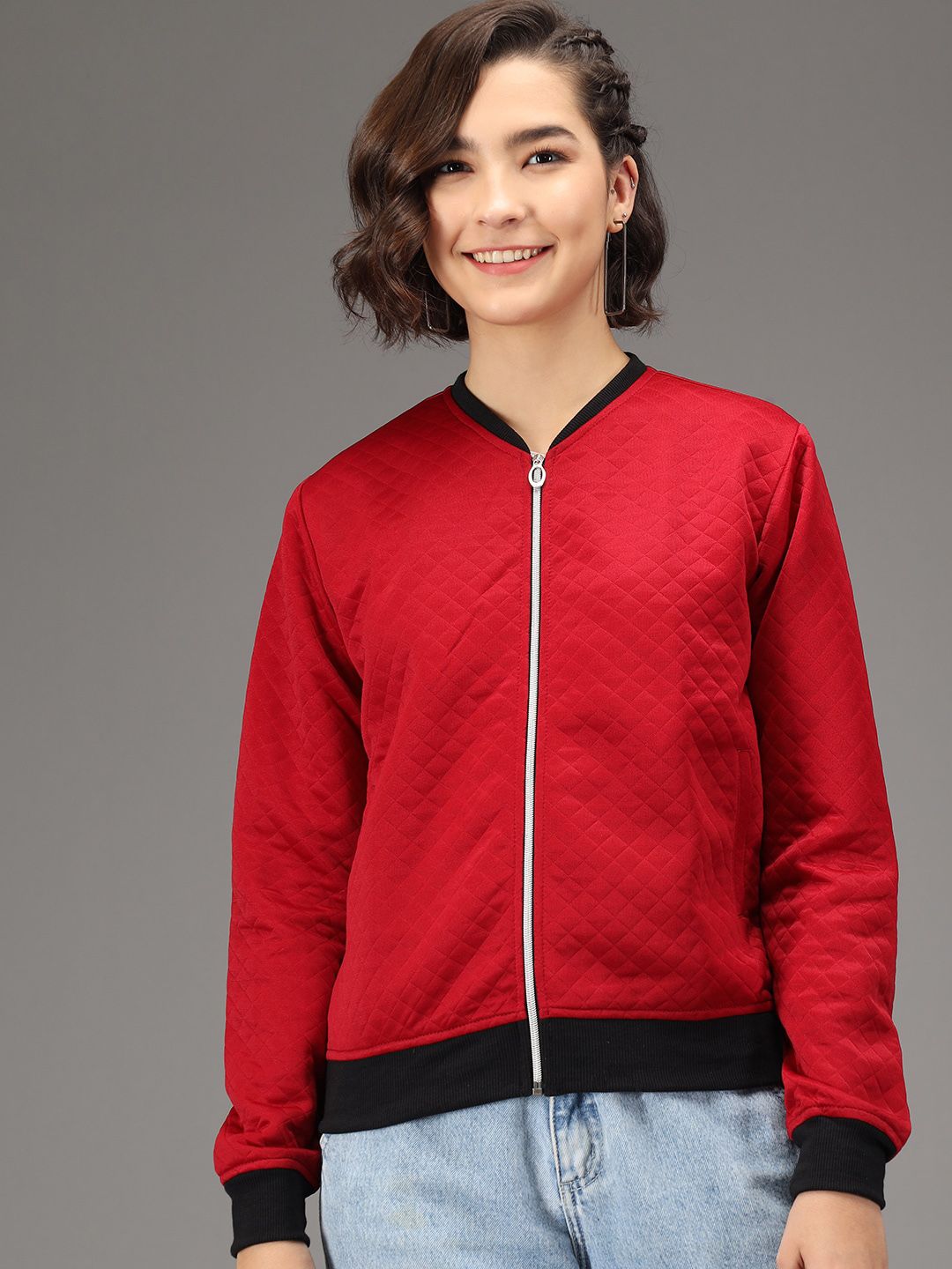 Kotty Women Maroon & Black Geometric Checked Quilted Lightweight Bomber Jacket