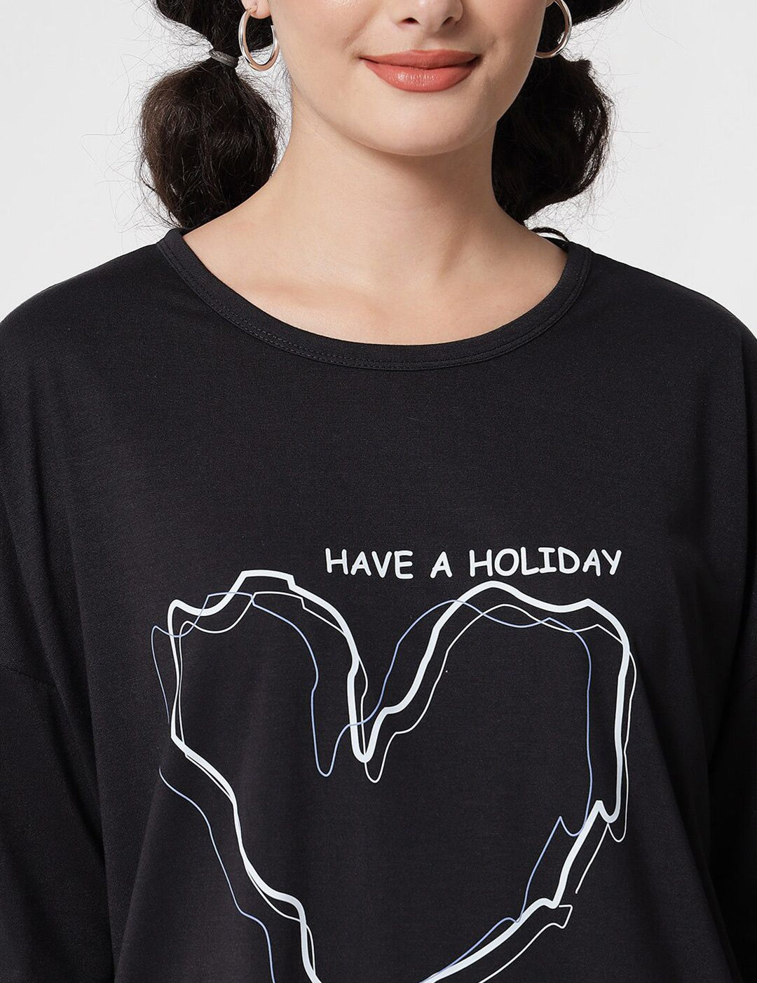 Kotty Women Black Typography Printed Extended Sleeves Oversized T-shirt