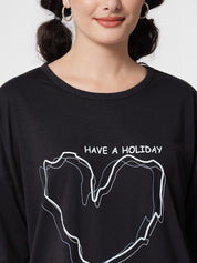 Kotty Women Black Typography Printed Extended Sleeves Oversized T-shirt