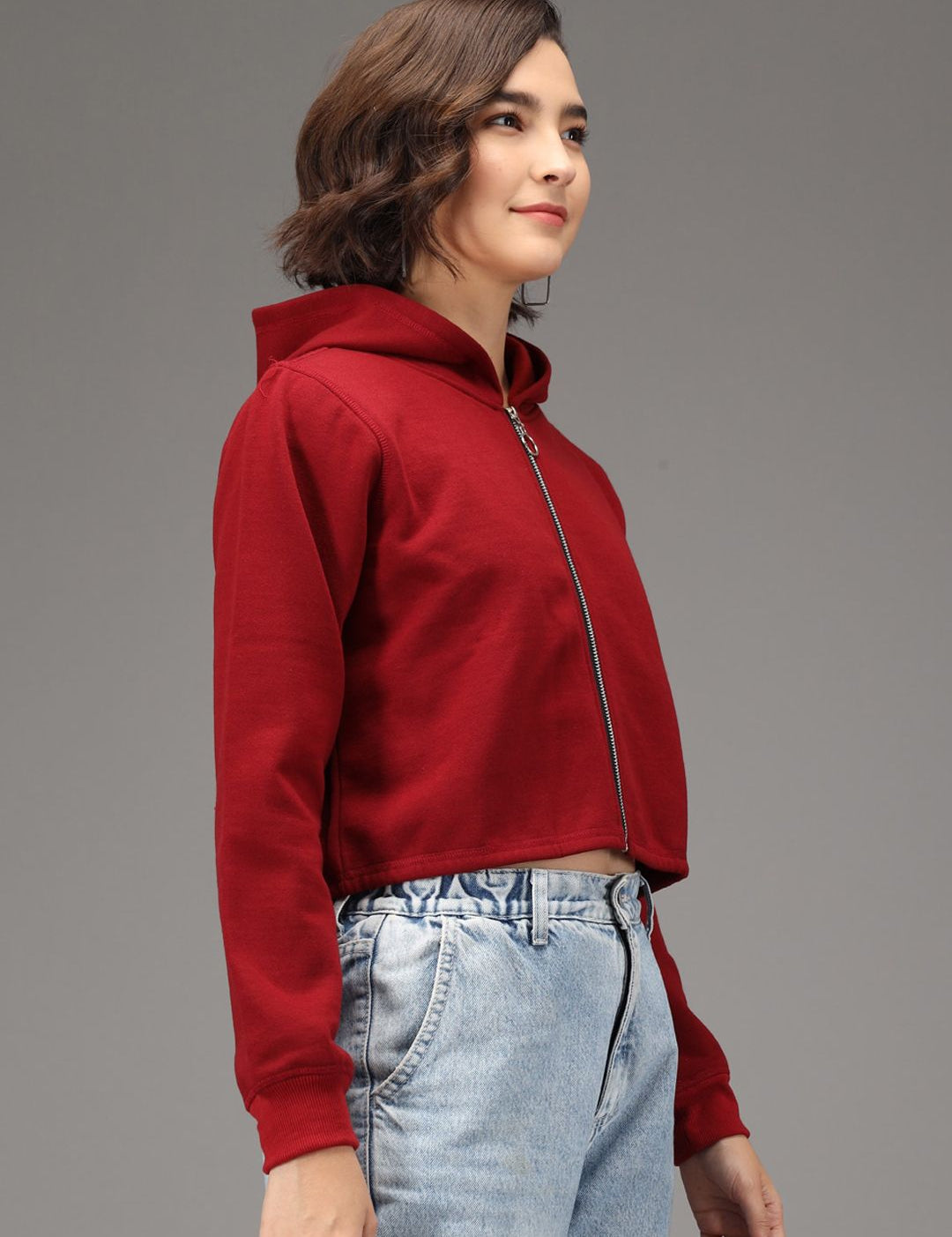 Kotty Women Maroon Solid Fleece Hooded Front-Open Crop Sweatshirt