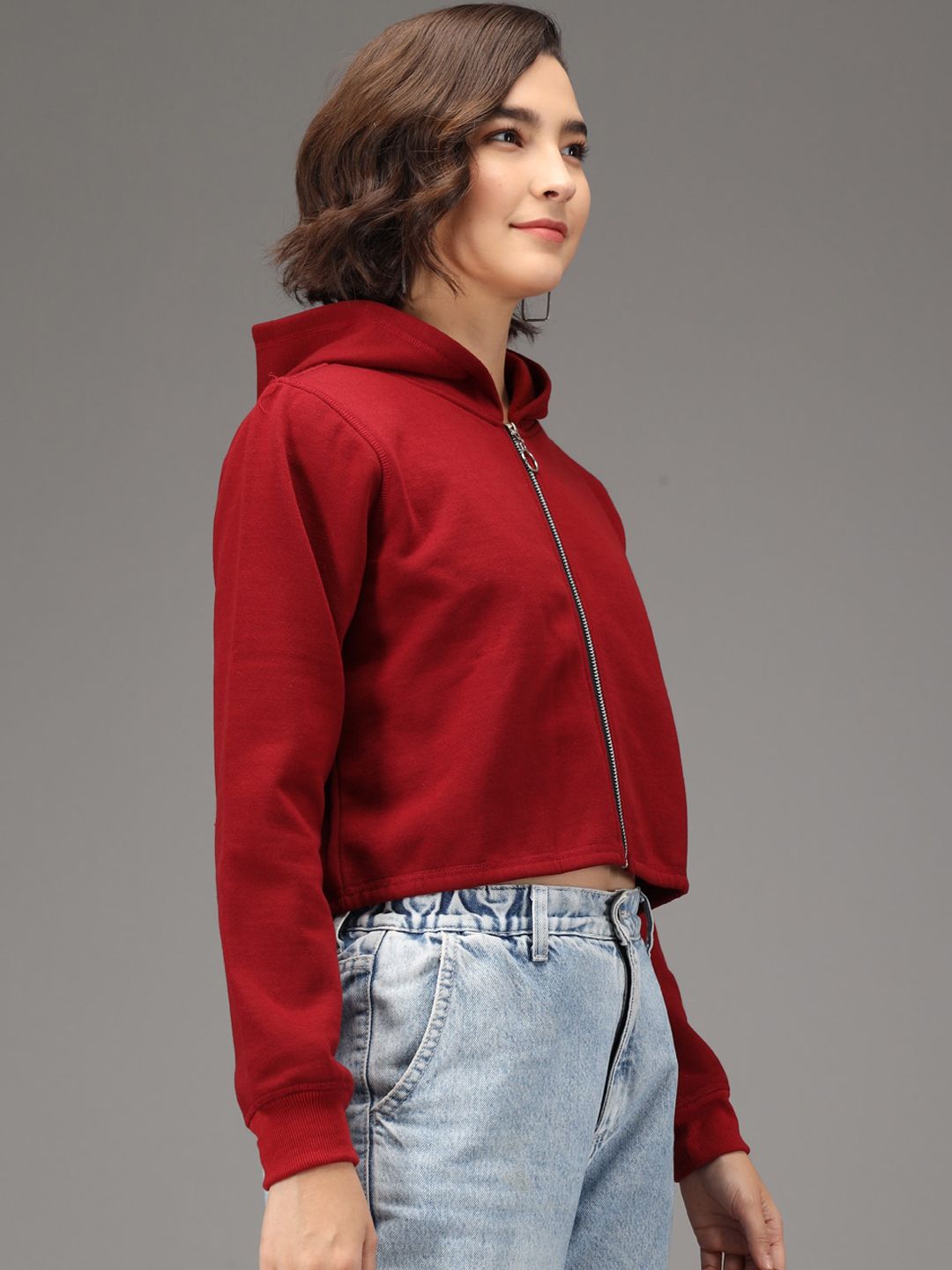 Kotty Women Maroon Solid Fleece Hooded Front-Open Crop Sweatshirt