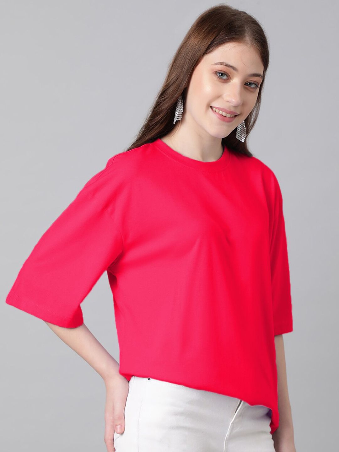 KOTTY Basics Round Neck Drop-Shoulder Sleeves Oversized Fit Cotton T-Shirt