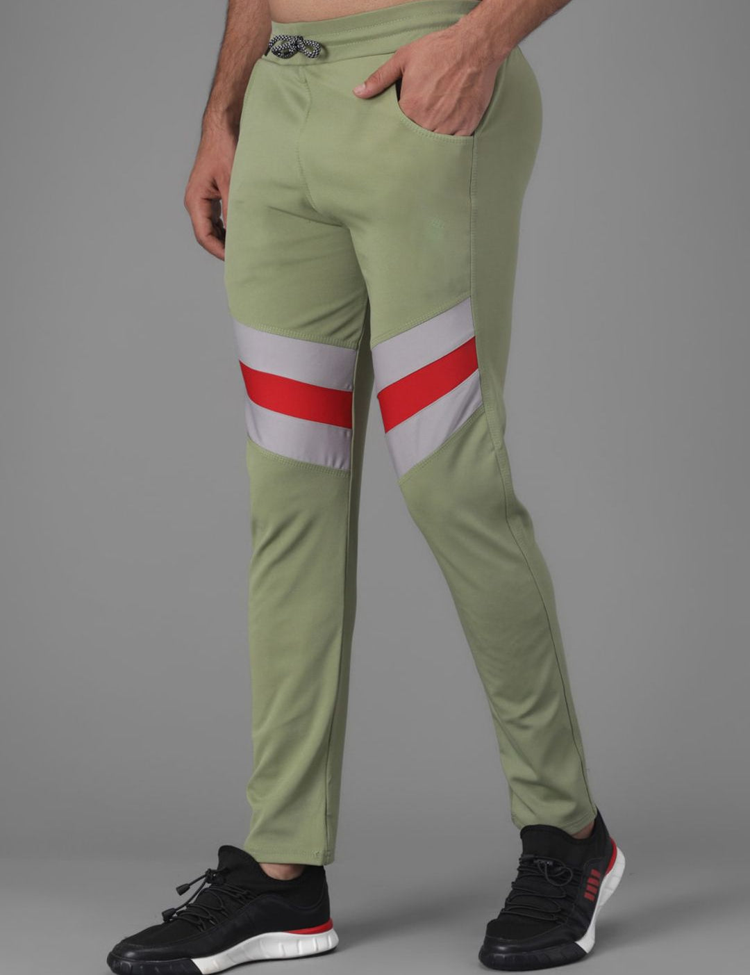 Kotty Men Green & Grey Striped Straight Fit Track Pants