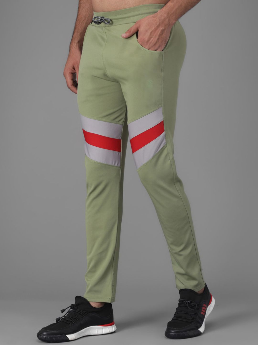 Kotty Men Green & Grey Striped Straight Fit Track Pants