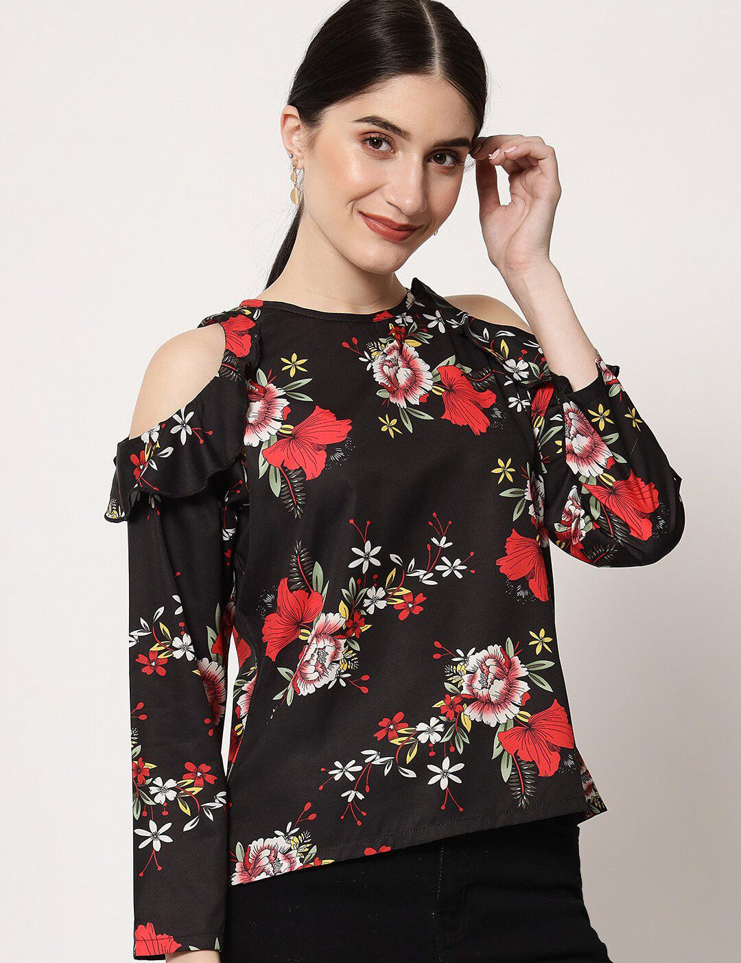 Kotty Round Neck Floral Print Cold-Shoulder Crepe Top