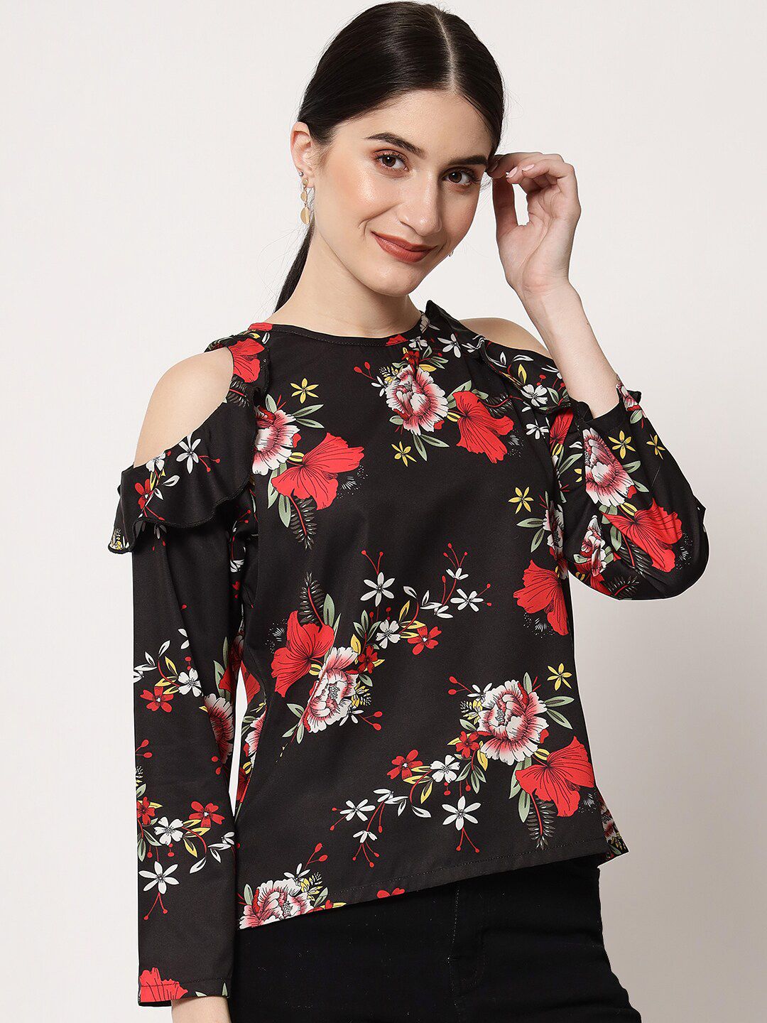 Kotty Round Neck Floral Print Cold-Shoulder Crepe Top