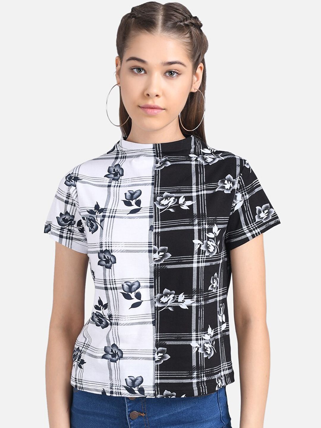 Kotty Women White Checked Pure Cotton Top