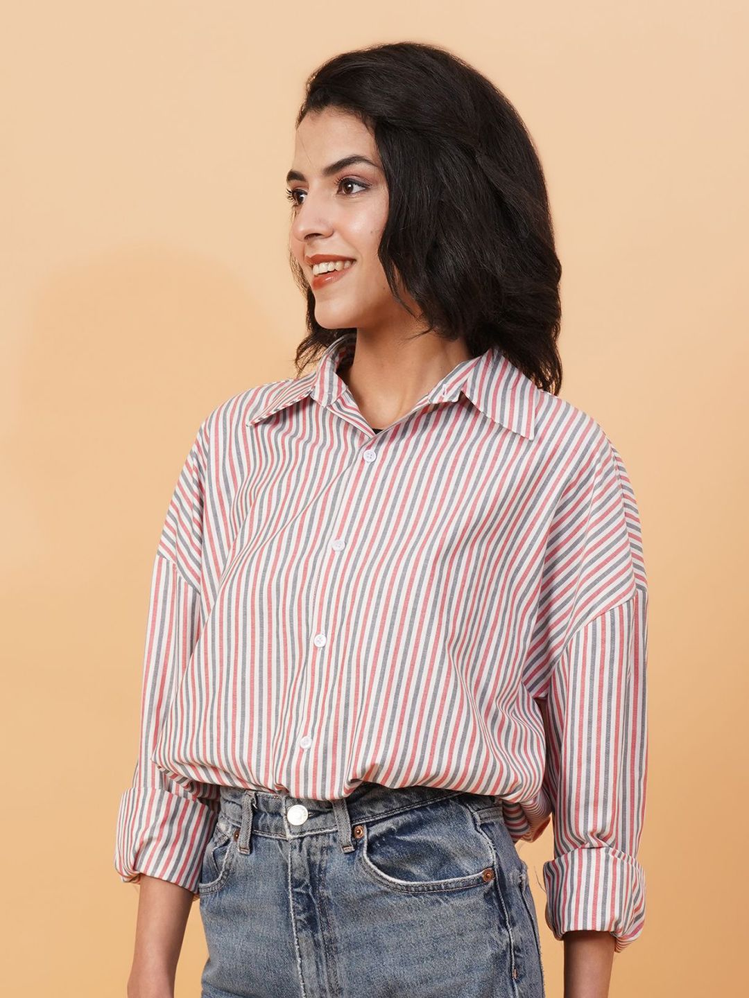 Kotty Vertical Stripes Drop-Shoulder Sleeves Longline Casual Shirt