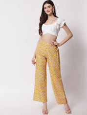 Kotty Women Mustard Yellow Floral Printed Relaxed High-Rise Easy Wash Trousers