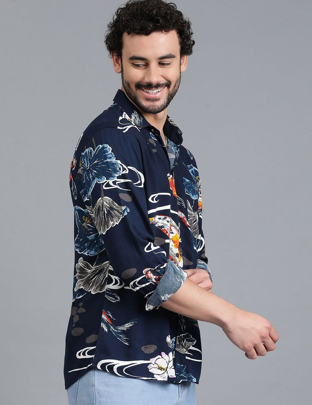 Kotty New Navy Blue Floral Printed Spread Collar Casual Shirt