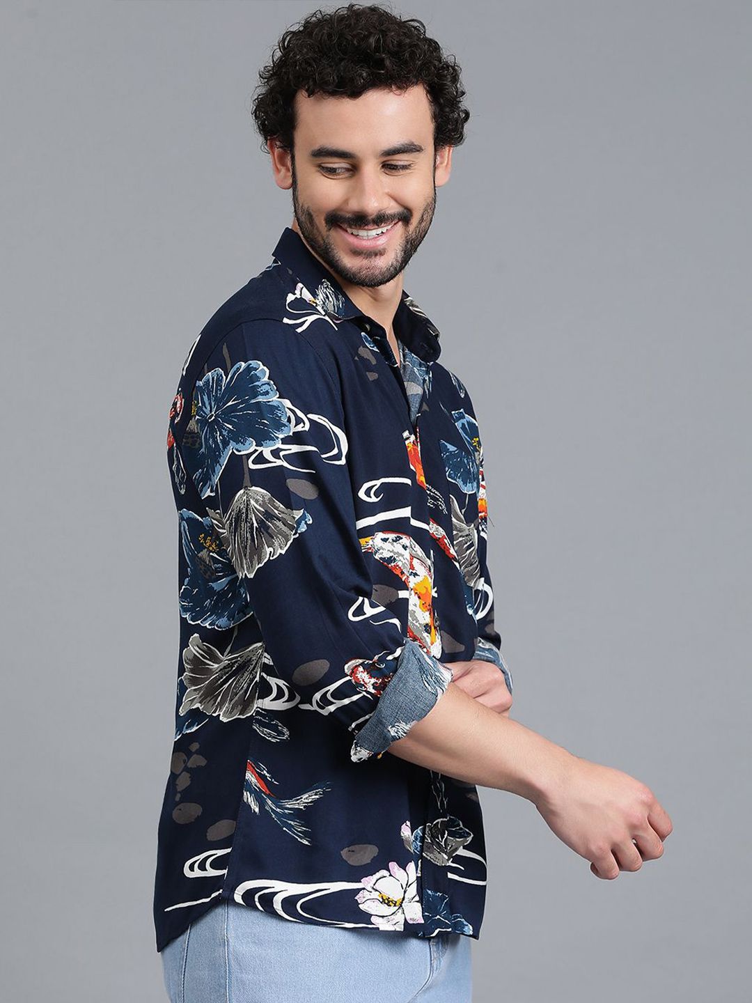 Kotty New Navy Blue Floral Printed Spread Collar Casual Shirt