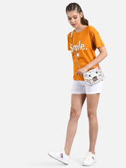 Kotty Women Orange & White Printed Round Neck T-shirt