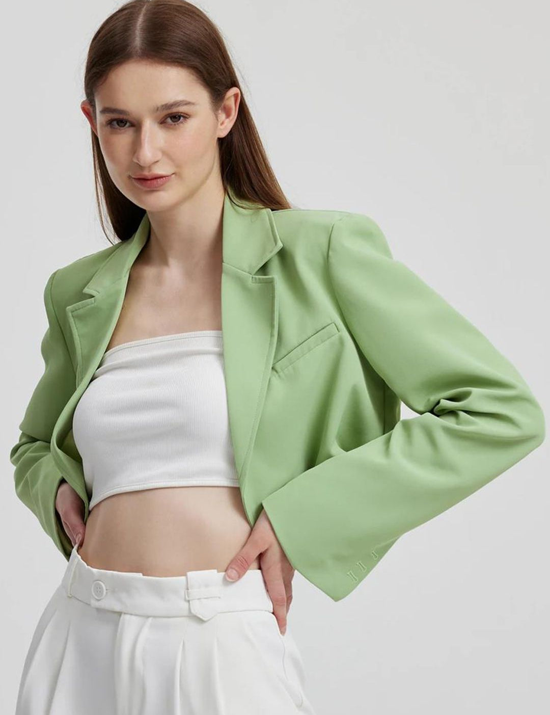 Kotty Green Crop Notched Lapel Collar Regular Fit Blazer