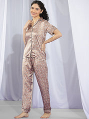 Kotty Brown & White Floral Printed Satin Night Suit