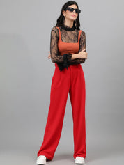 Kotty Women Red Relaxed Straight Leg Straight Fit High-Rise Easy Wash Trousers