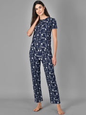 Kotty Women Blue & White Printed Night Suit