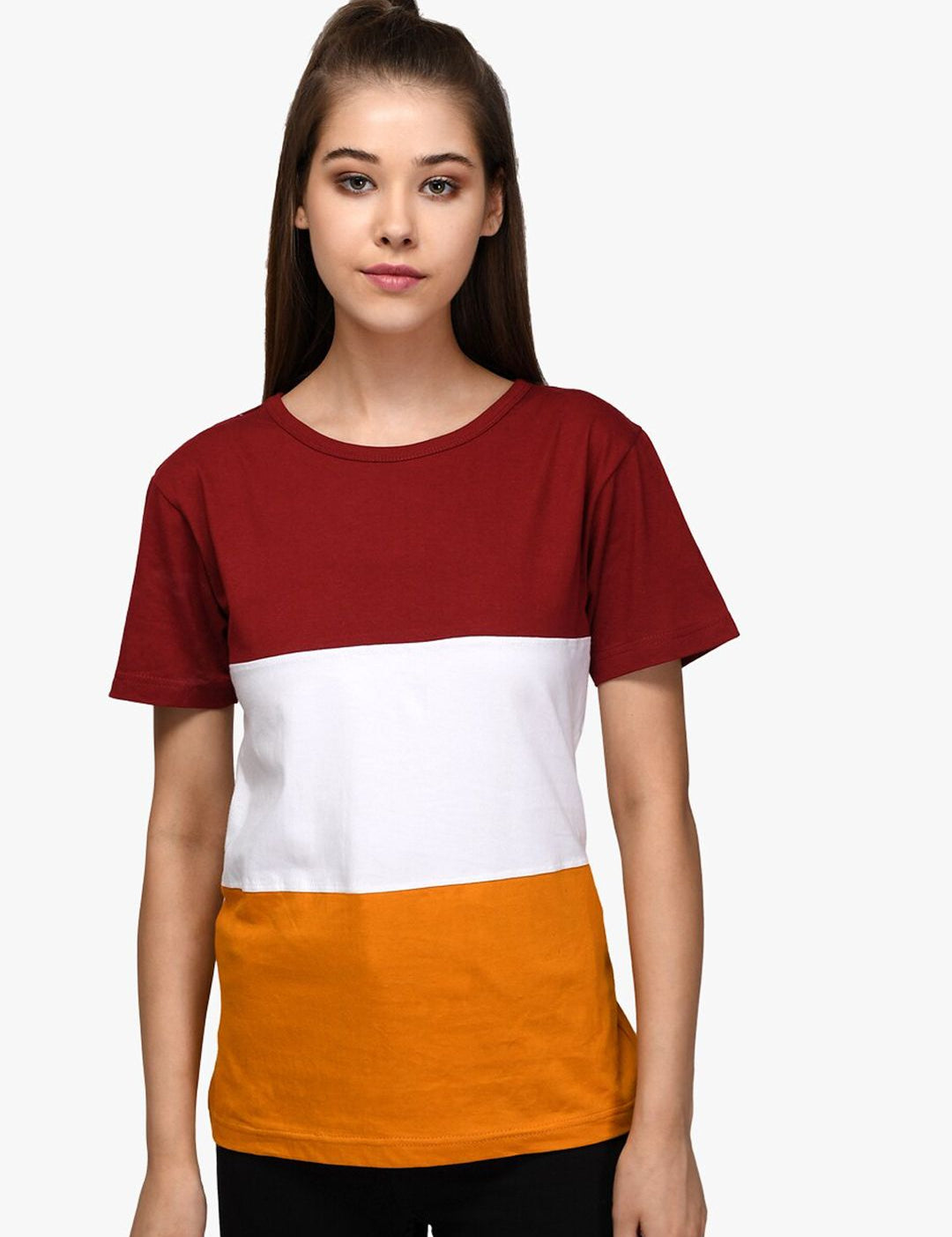 Kotty Women Red & White Colourblocked Round Neck T-shirt