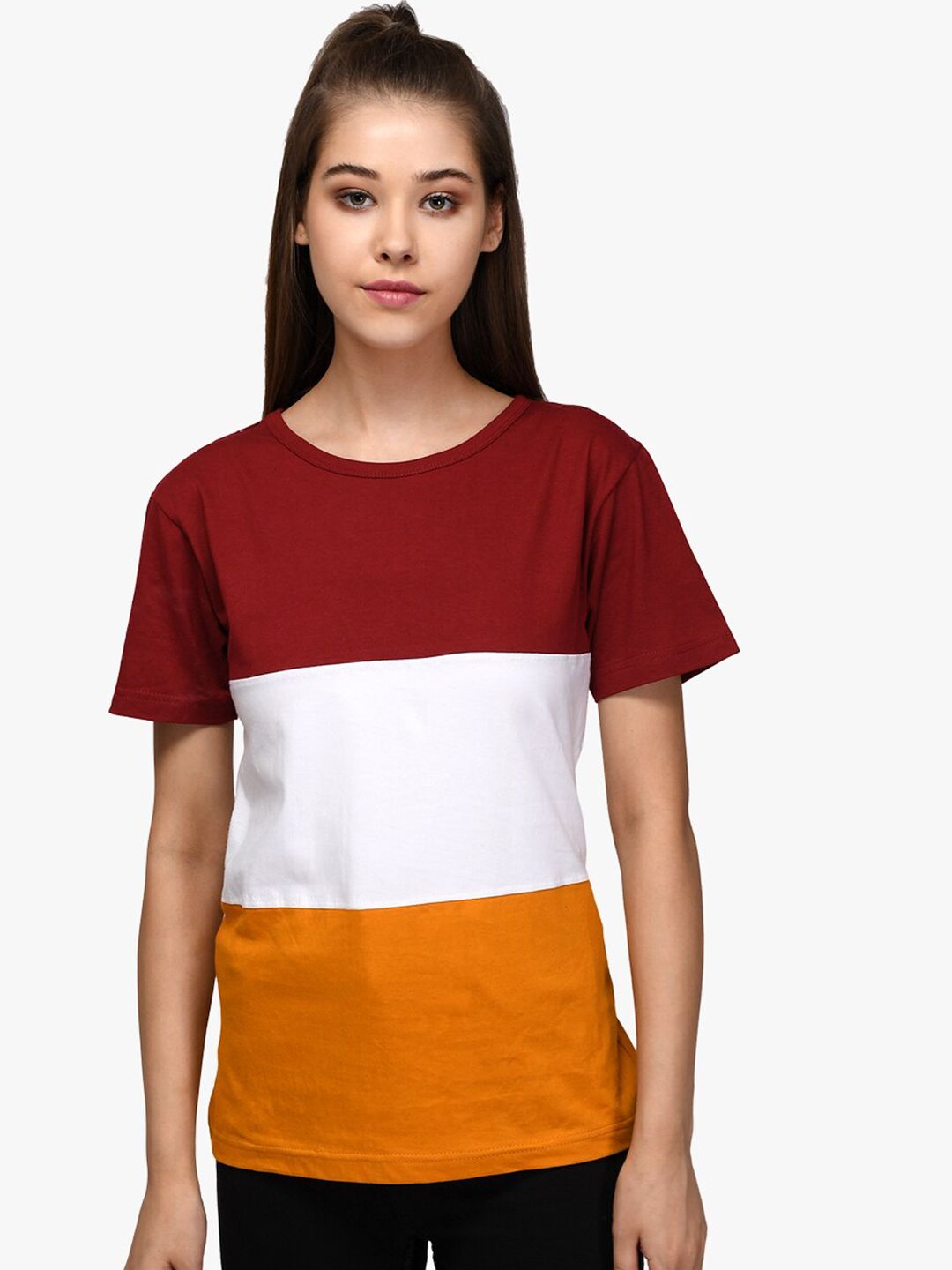 Kotty Women Red & White Colourblocked Round Neck T-shirt