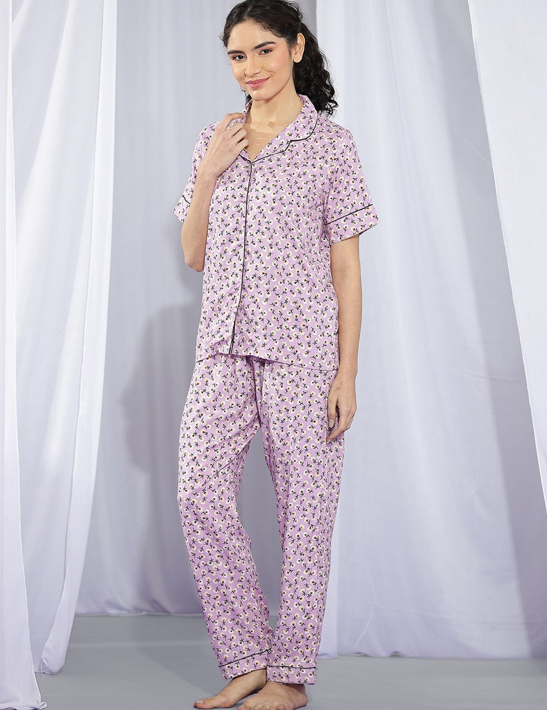 Kotty Purple & White Floral Printed Night Suit