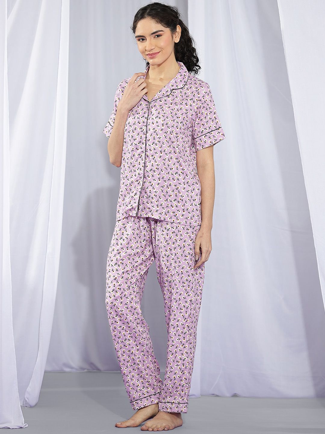 Kotty Purple & White Floral Printed Night Suit
