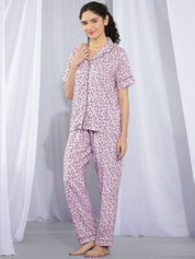 Kotty Purple & White Floral Printed Night Suit