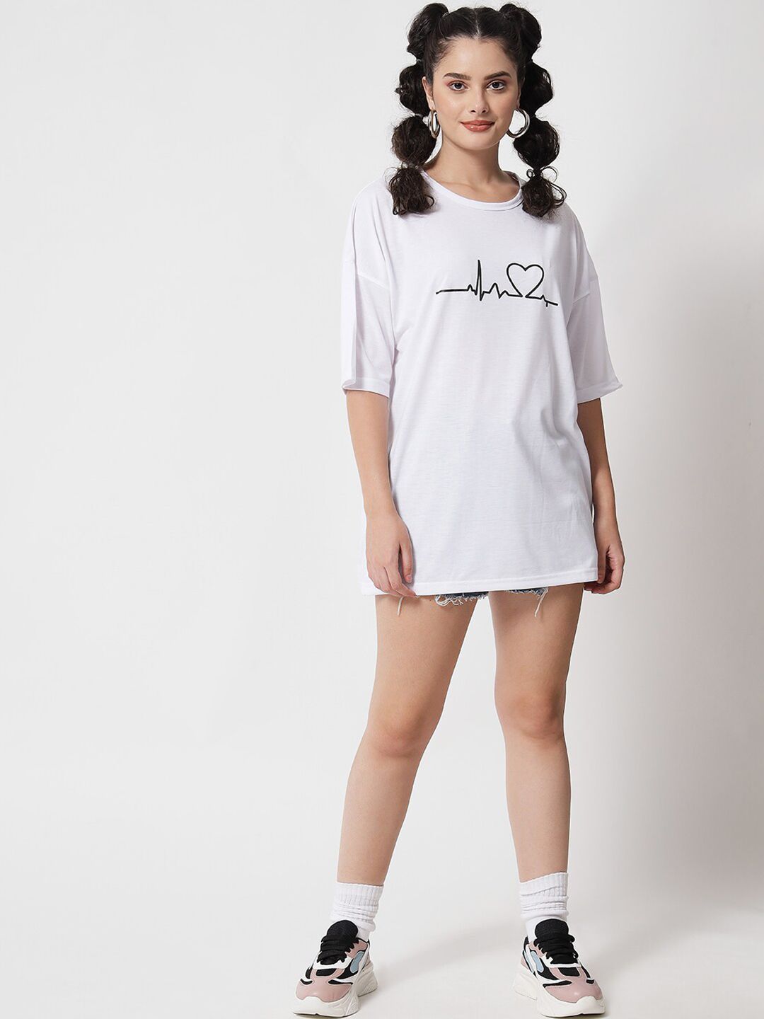 Kotty Women White Typography Printed Drop-Shoulder Sleeves Oversized T-shirt