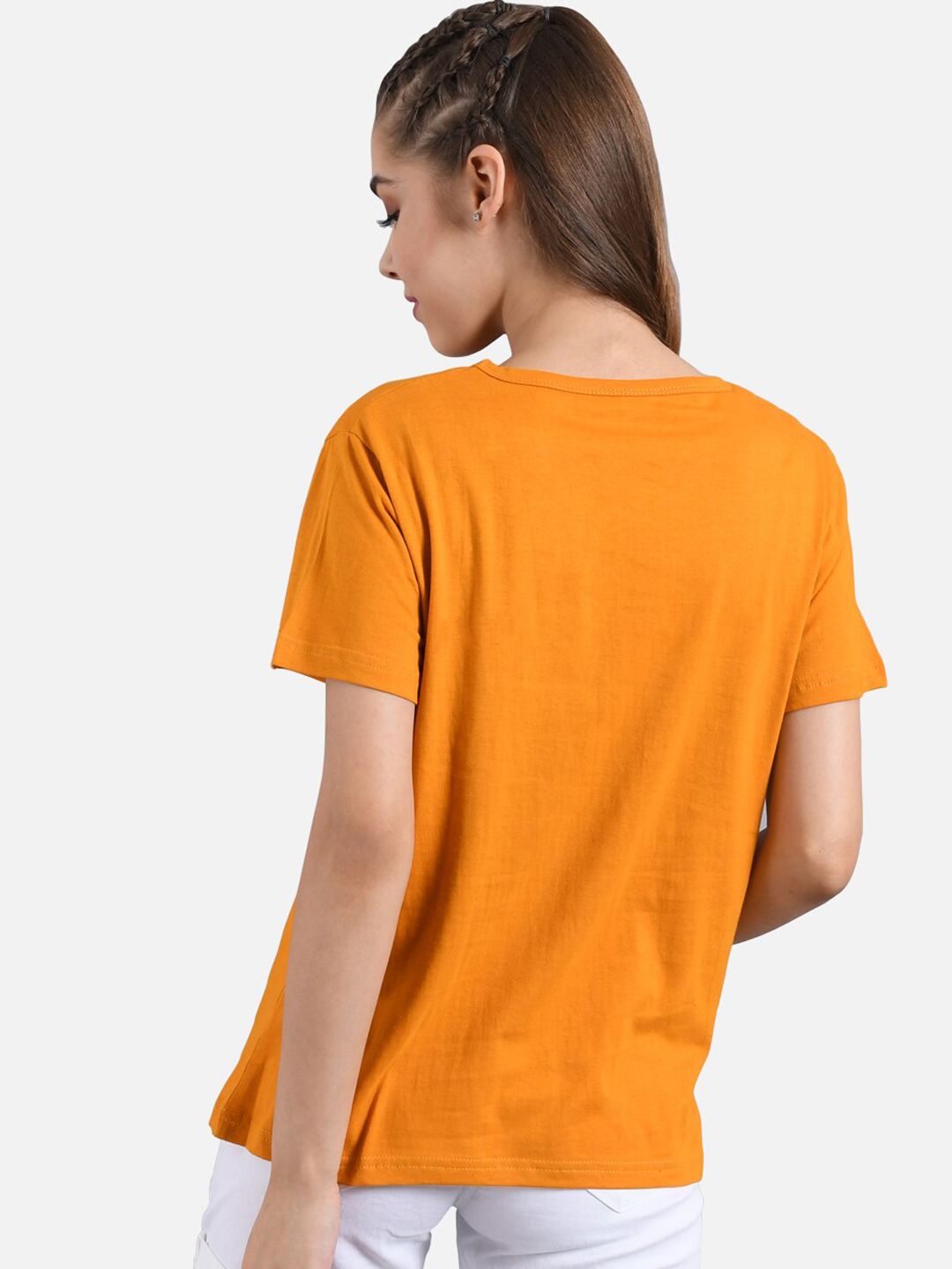Kotty Women Mustard Orange Printed Round Neck T-shirt