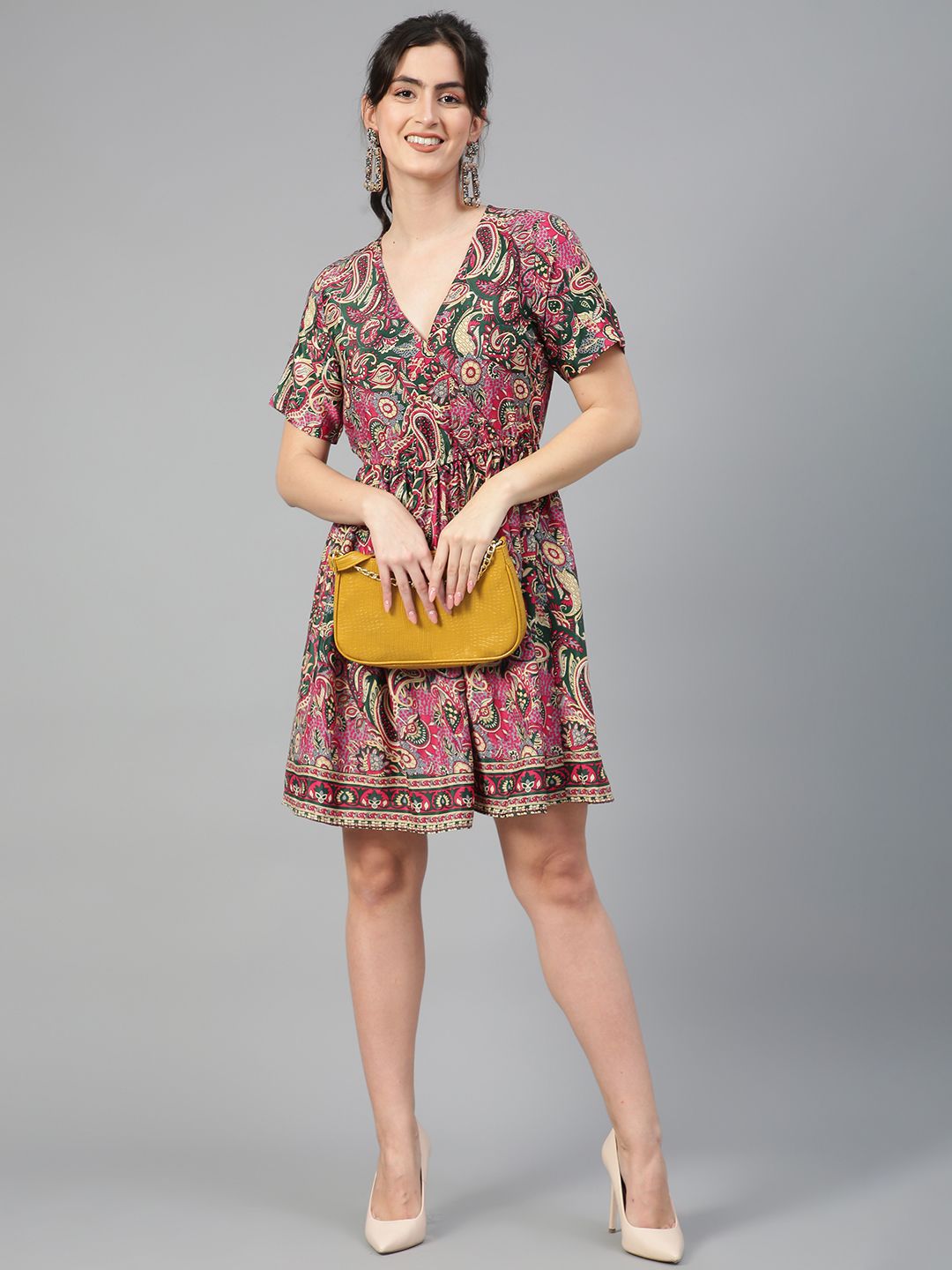 Kotty Ethnic Motifs Printed V-Neck Gathered or Pleated Crepe Wrap Dress