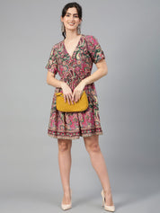 Kotty Ethnic Motifs Printed V-Neck Gathered or Pleated Crepe Wrap Dress