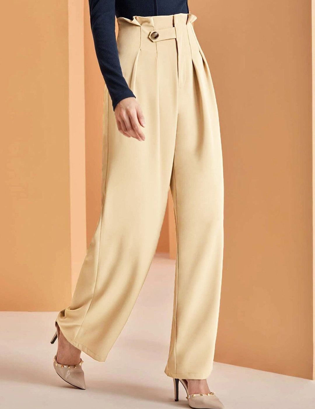 Kotty Women Relaxed Straight Leg Fit High-Rise Easy Wash Pleated Parallel Trousers  