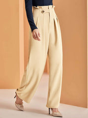 Kotty Women Relaxed Straight Leg Fit High-Rise Easy Wash Pleated Parallel Trousers  
