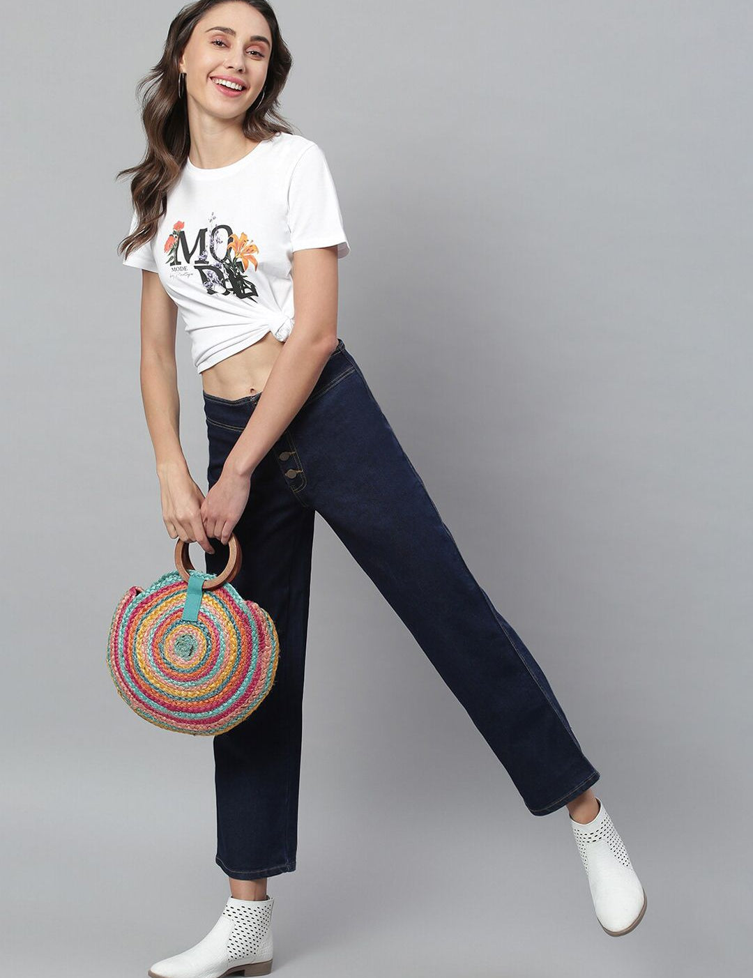 Kotty Women Navy Blue Solid Cotton High Rise Crop Flared Jeans