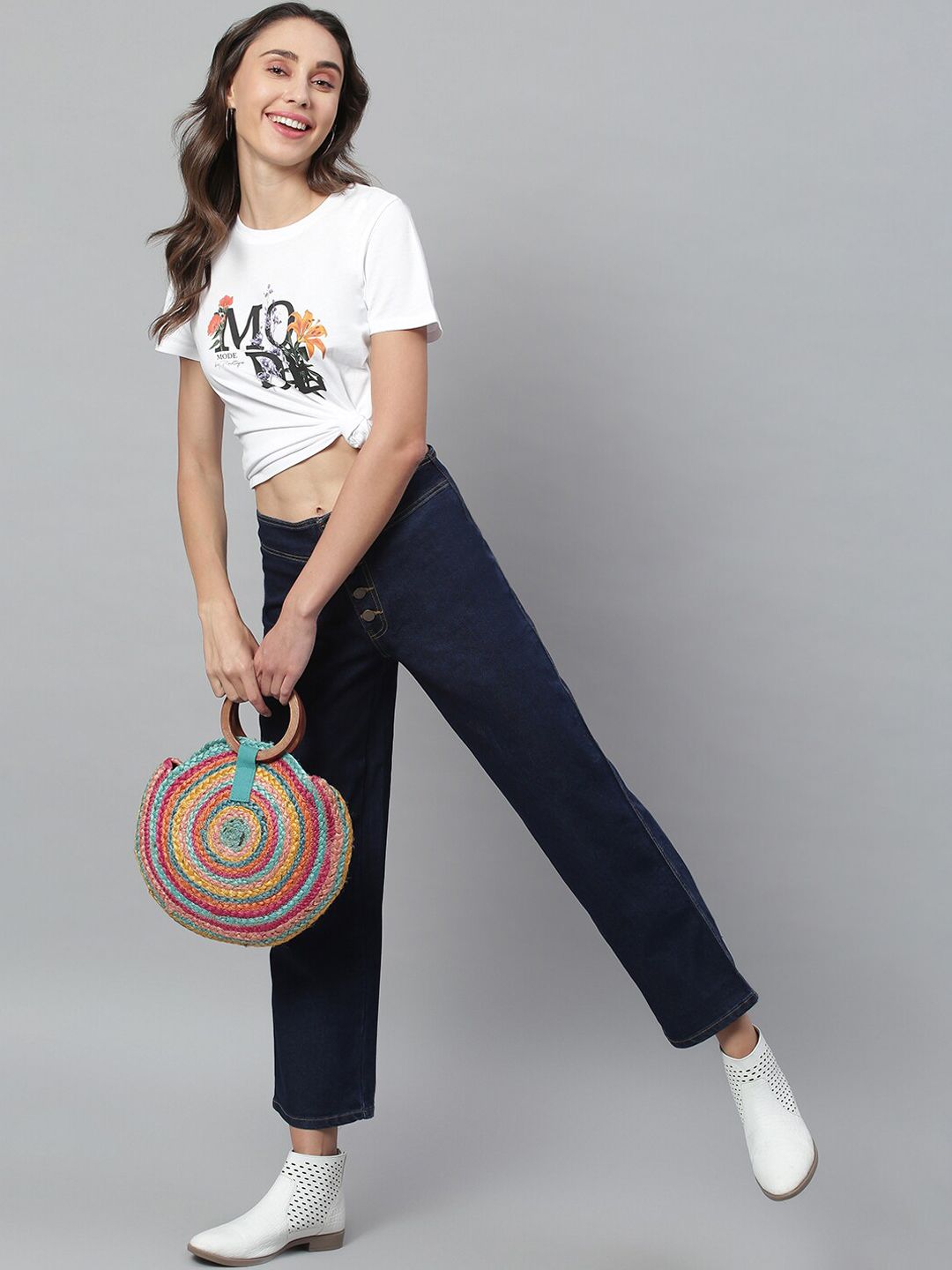 Kotty Women Navy Blue Solid Cotton High Rise Crop Flared Jeans