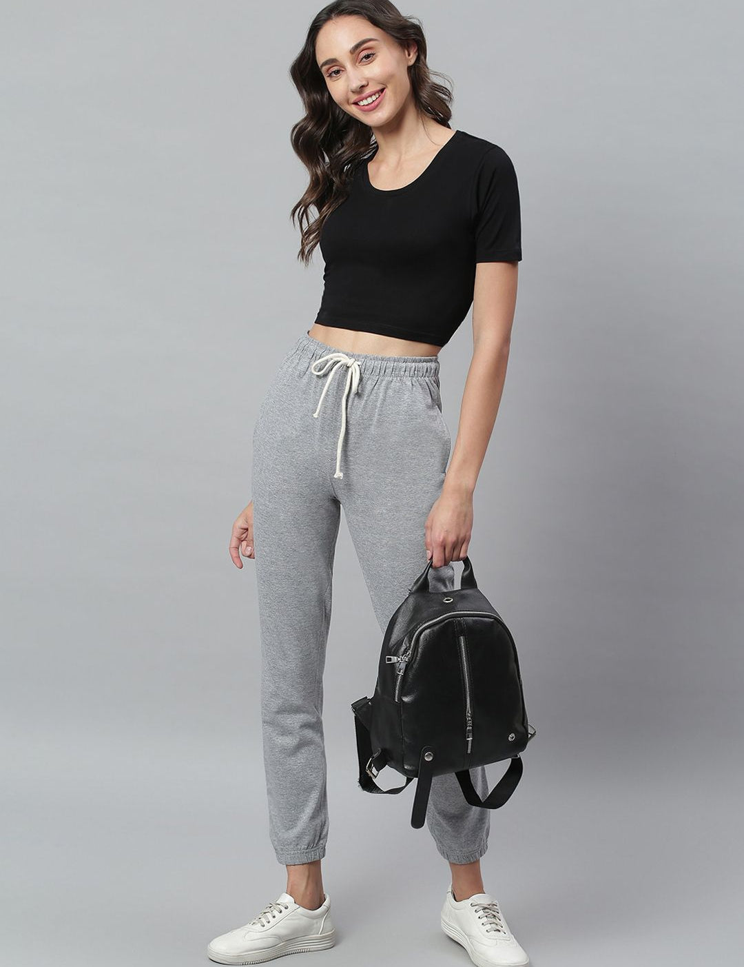 Kotty Women Grey Melange Solid Crop Straight Fit Joggers
