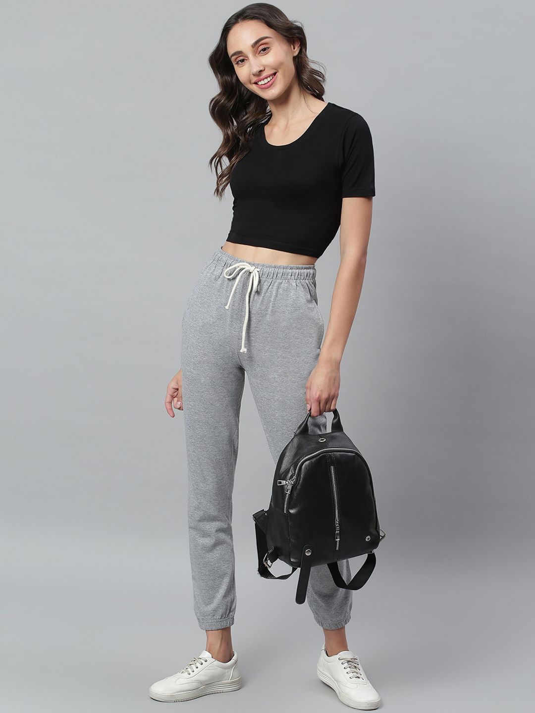 Kotty Women Grey Melange Solid Crop Straight Fit Joggers