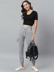 Kotty Women Grey Melange Solid Crop Straight Fit Joggers