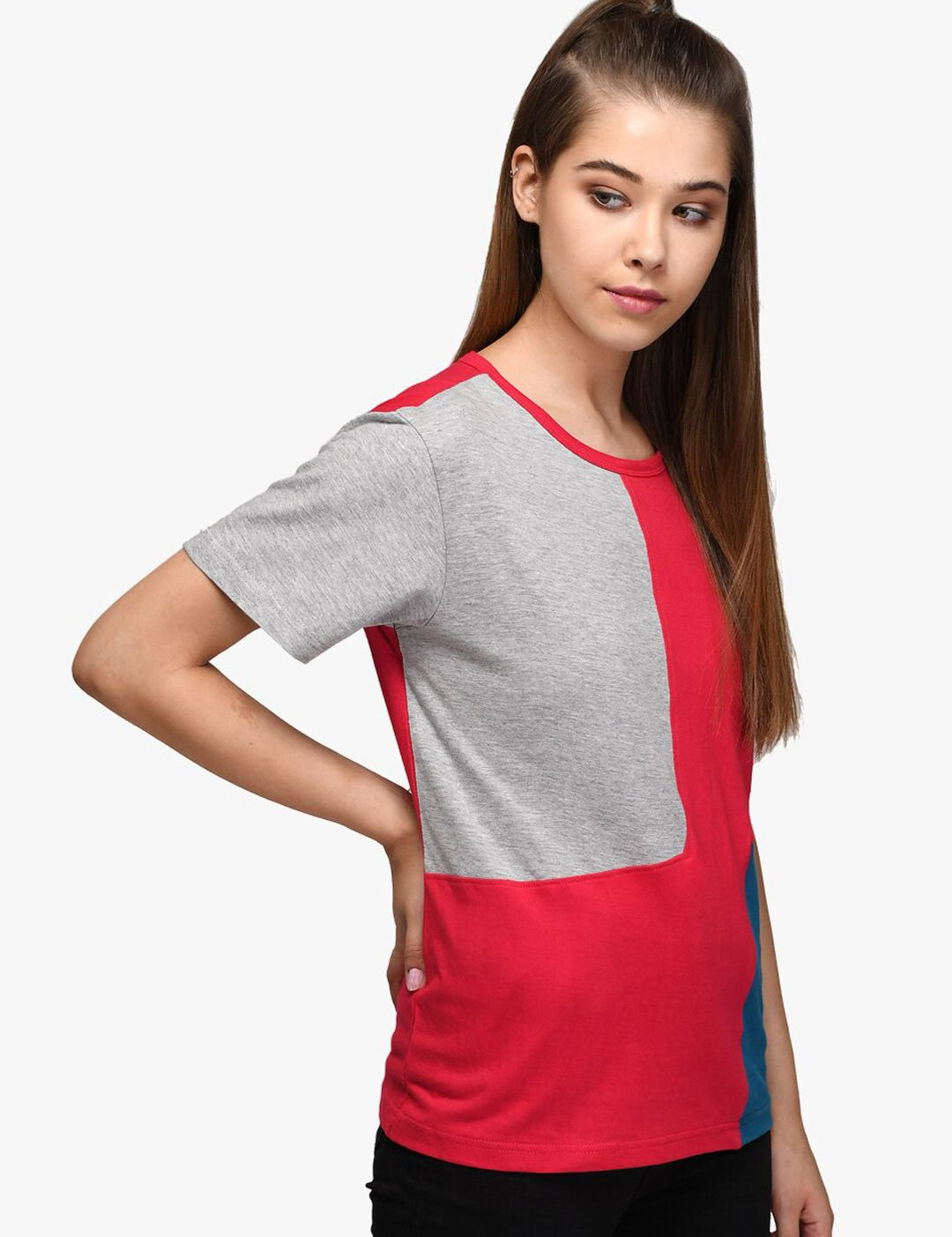 Kotty Women Red & Grey Colourblocked Round Neck T-shirt