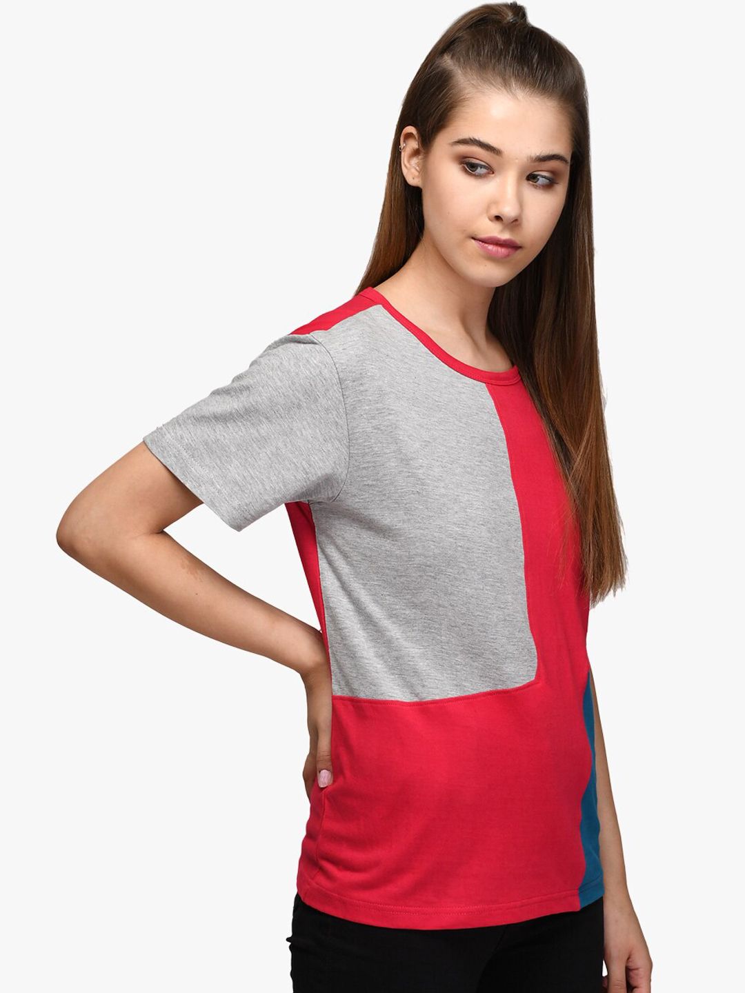 Kotty Women Red & Grey Colourblocked Round Neck T-shirt