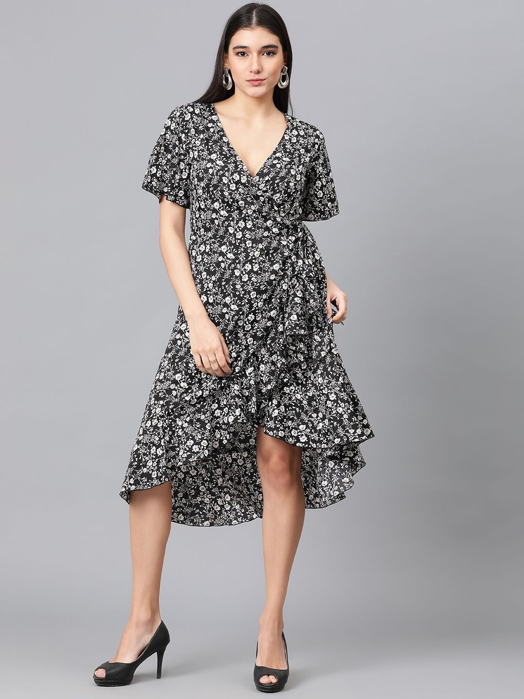 Kotty Floral Printed V-Neck Flared Sleeve High-Low Crepe Wrap Dress