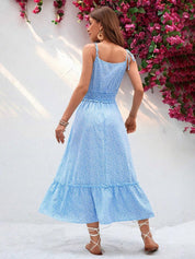 Kotty Floral Printed Shoulder Straps Layered Crepe Fit & Flare Dress