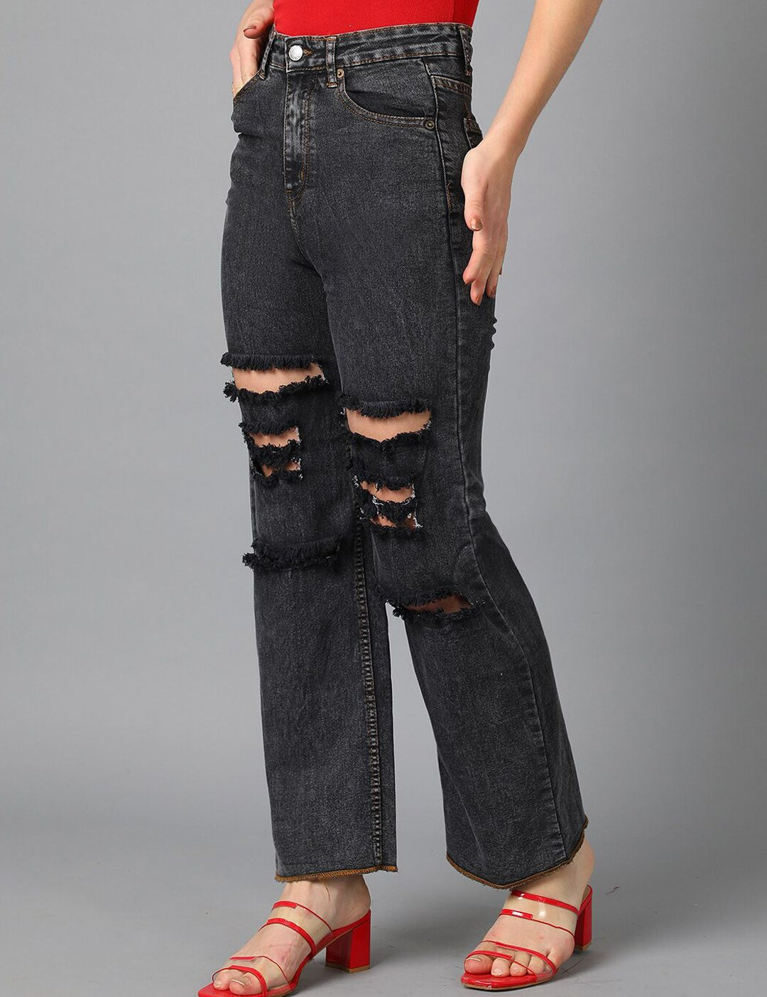 Kotty Black Women Jean Straight Fit High-Rise Mildly Distressed Stretchable Jeans